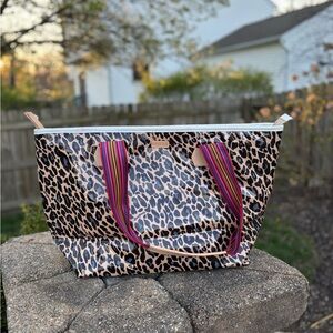 Leopard Print Tote Bag with Striped Handles - Pink/Black